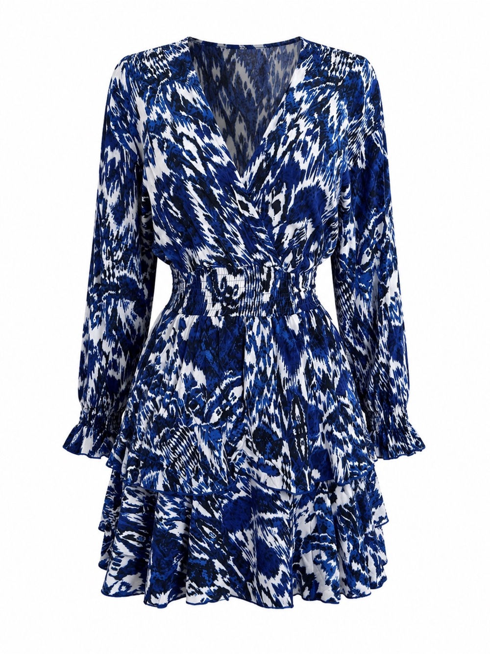 Zara Blue White Abstract Print Wrap Dress S | Boho Tiered Mini, Smocked Waist